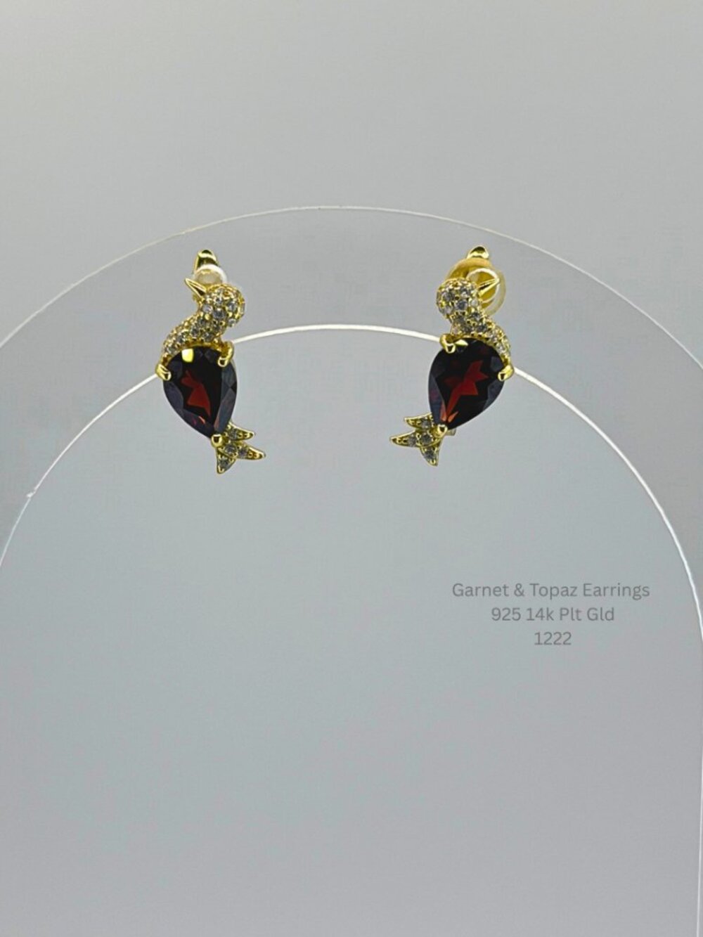 Natural Garnet & White Topaz Bird Earrings 925 Sterling Silver 14K Gold Plated